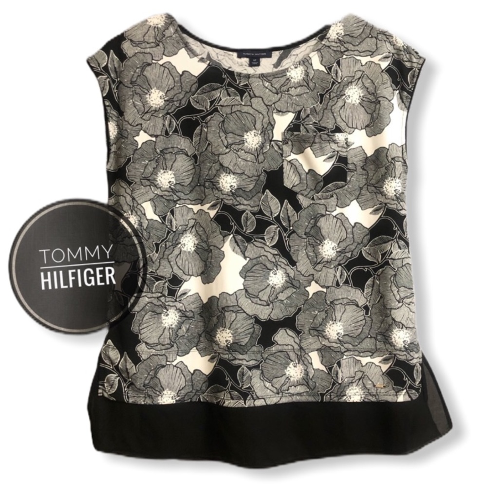 Tommy Hilfiger Floral Black & White Cap-Sleeve Blouse